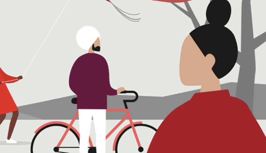illustration of woman in front of man with bike